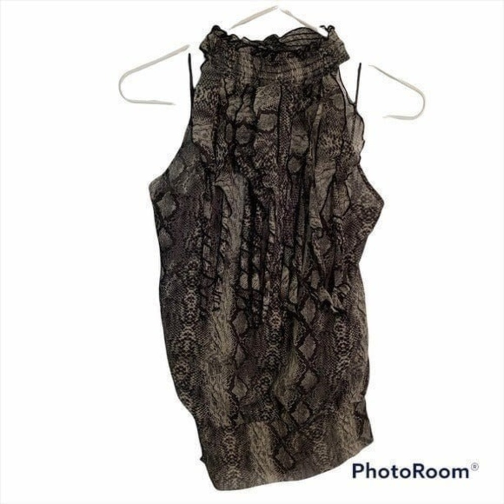 De Fuzion Women's Sz Small High Neck Halter Blouse Gray Black Snake Print Ruffle